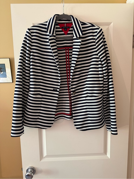 Tommy Hilfiger Jackets & Blazers - Tommy Hilfiger Women's Navy & White Striped Blazer Jacket - Tailored Knit Blazer